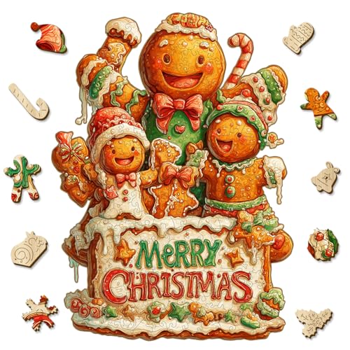 Leodozzio Christmas Wooden Puzzles for Adults & Kids, Gingerbread Family Puzzle 200 Pieces, 5MM Unique Shape Winter Jigsaw Wood Puzzle for Grandkids, Holiday Decoration Gifts, Family Game, 9x12.2 in
