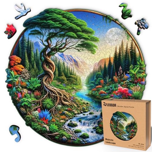 LEOGOR 500 Piece Wooden Puzzles for Adults (18 x 17.5 in), Extra-Thick 5mm Wood, Round Majestic Landscape Puzzle with Unique Nature-Inspired Shapes, Challenging, Premium Gift for Puzzle Lovers
