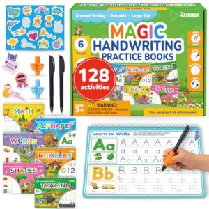 LEOGOR Magic Grooved Writing Practice for Kids - 6 Grooved Writing Books for Kids 3-5 & 6-8 - Disappearing Ink Handwriting Books - Traceable Letters Numbers for Preschool - Reusable Learning Activity