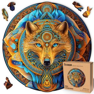 LEOGOR Wooden Jigsaw Puzzles for Adults (12 × 11.8 in), 200 Piece Wolf Puzzle with Unique Mosaic Shapes, Extra-Thick 5 mm Wood, Challenging Round Brain Teaser, Premium Gift for Adults