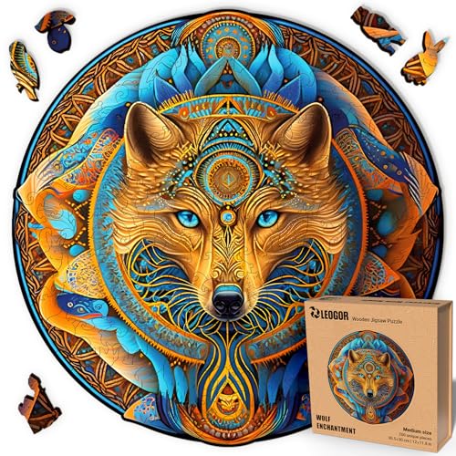 LEOGOR Wooden Jigsaw Puzzles for Adults (12 × 11.8 in), 200 Piece Wolf Puzzle with Unique Mosaic Shapes, Extra-Thick 5 mm Wood, Challenging Round Brain Teaser, Premium Gift for Adults