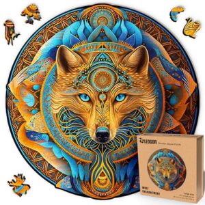 LEOGOR Wooden Jigsaw Puzzles for Adults (15 × 14.8 in), Large 350 Piece Wolf Puzzle with Unique Mosaic Shapes, Extra-Thick 5 mm Wood, Challenging Round Brain Teaser, Premium Gift for Adults