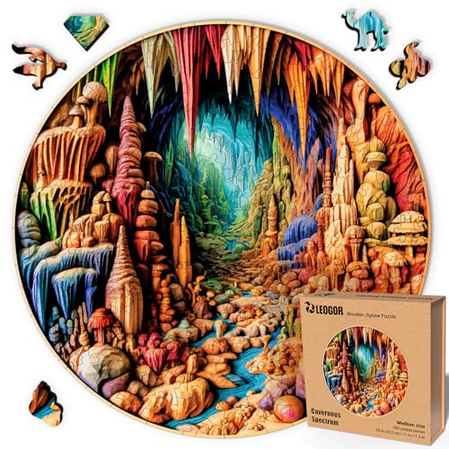 LEOGOR Wooden Jigsaw Puzzles for Adults 200 Pieces (11.6 × 11.5 in), Cave Puzzle, Extra-Thick 5mm Wood, Round 3D Mosaic Design, Unique Animal Shapes, Relaxing Artistic Gift for Adults and Teens