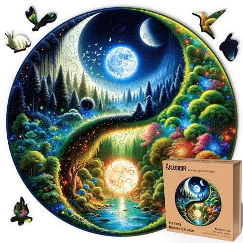 LEOGOR Wooden Jigsaw Puzzles for Adults 200 Pieces (11.6 × 11.5 in), Yin Yang Puzzle, Extra-Thick 5mm Round Wood Puzzle with Unique Shapes, Relaxing, Artistic Gift for Adults and Teens