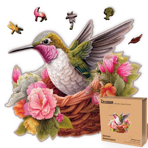 LEOGOR Wooden Jigsaw Puzzles for Adults 200 Pieces (13.5 × 11.3 in), Hummingbird Puzzle, Extra-Thick 5mm Wood, 30 Unique Animal-Shaped Pieces, Premium Gift for Adults and Teens