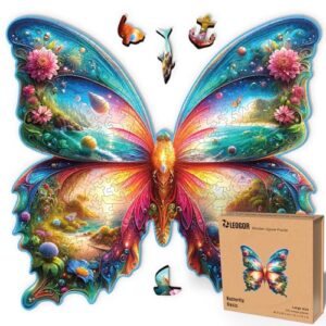 LEOGOR Wooden Jigsaw Puzzles for Adults 350 Pieces (16.1 × 15.1 in), Butterfly Puzzle, Extra-Thick 5mm Wood, Colorful Mosaic with Unique Animal Shapes, Premium Artistic Gift for Adults and Teens