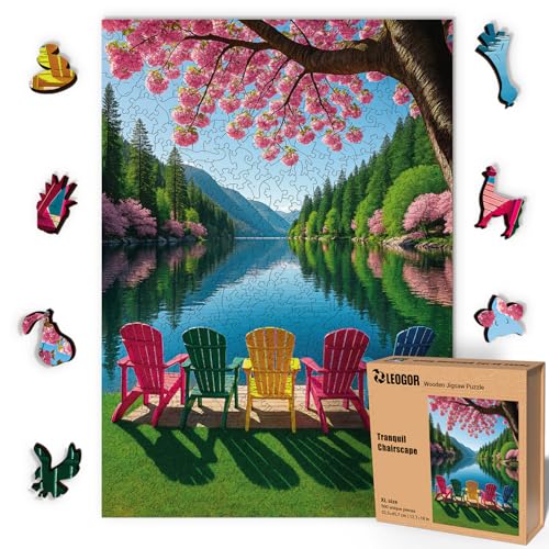 LEOGOR Wooden Puzzles for Adults 500 Pieces (12.7 × 18 in), Tranquil Chairscape Landscape Puzzle, Thick 5 mm Wood, Unique Mosaic Design, Beautiful Nature Gift for Adults & Teens