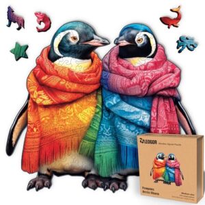 LEOGOR Wooden Puzzles for Adults, Extra-Thick 5 mm Wood Unique Penguin Puzzle 200 Pieces (12.8 × 11.4 in), Winter Mosaic Jigsaw with Odd Shaped Pieces, Colorful and Relaxing Gift for Adults and Teens