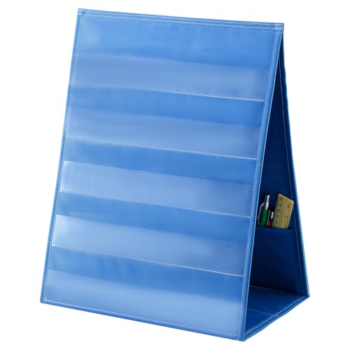 Lerheedi Tabletop Pocket Chart 13 x 17 Inch 600d Oxford Fabric Double Sided Pocket Chart Stand with 5 Straps Foldable Organizer Sticker Display Stand for Classroom, Home, Office (Gray Blue)