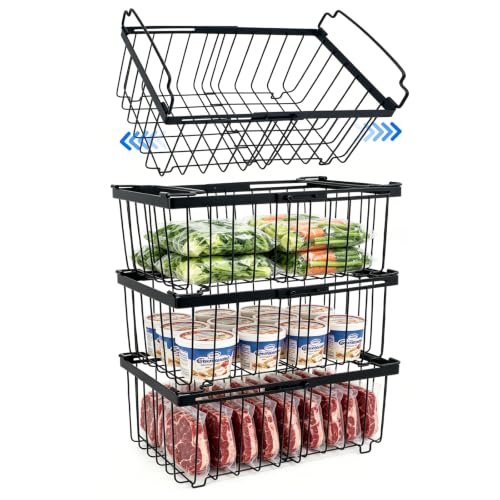 Lerivira 4Pack Freezer Organizer Bins, Stackable Chest Deep Freezer Storage Containers, Expandable Freezer Baskets with Handle fit 5 cu. Ft 7 cu. Ft Freezer, Fridge, Pantry (Black-4Pack)