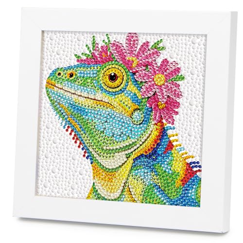 lesaonsy Diamond Art Kits for Kids with Frame (6 Inch Pre-Framed Canvas) Animal Gem Art Gift Set for Teens, Boys, Gilrs (Beginner-Friendly, 1-3 Hour) | Resin Drills & Tools (Chameleon)