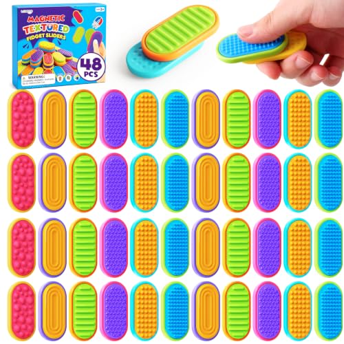 LESONG 48 Pack Sensory Fidget Toys for Kids Adults, Magnetic Fidget Sliders for Autism ADHD Stress Relief, Quiet Textured Silicone Desk Toys, Bulk Classroom Prizes Party Favors Calming Gifts