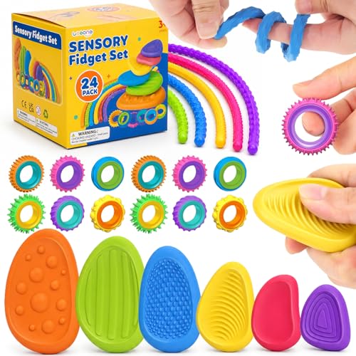 LESONG Sensory Fidget Toys for Kids: 24 Pack Silicone Fidget Set with Fidget Rings, Worry Stones & Shapeable Sticks for ADHD Autism - Quiet Fidgets for Classroom Bulk - Travel and Party Favors