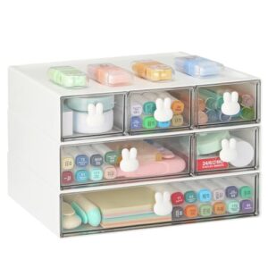 LETURE Stackable Desk Organizer, Plastic Storage Drawer for Office School Home Makeup, Pen Pencils Markers Stationery Supplies Organizers (White - Rabbit &6 Draws)