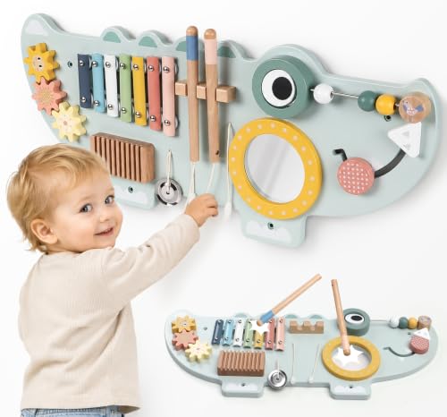Lewo Crocodile Wall Busy Board for Toddlers Kids, Mucic Montessori Wall Activity Board, Wooden Sensory Wall Toys Panel with Instruments, Learning Activity Center for Playroom, Daycare & Classroom