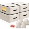 Lewtemi 110L 4 Pack Clothing Storage Bags with Cedar Sachets, Large Sweater Organizer, Breathable Fabric Containers for Clothes, Bedding & Blankets, Closet & Under Bed Storage (Beige,Creative)