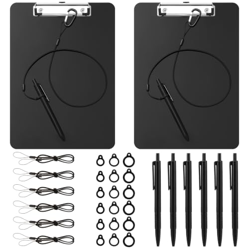 Lewtemi 2 Sets A4 Plastic Clipboard with Pen Holder, Clipboard with 24 Inch Pen Leash Attached for Clip Board and Silicone Ring Buckle for School Office Back to School Supplies, Black