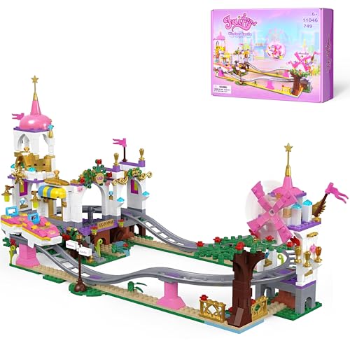 Leyic 2 in 1 Castle Roller Coaster Building Set, 749 Pcs STEM Amusement Park Construction Kit for Kids, Pink Playground Blocks Birthday Gift Toys for Girls Ages 6 8-12
