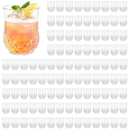 LEYIQU 100 Pack Plastic Stemless Wine Glasses,12oz Unbreakable Vintage Elegant Drinking Glass Set,Reusable Fancy Cocktail Cups for Party, Wedding, and Bulk Events (100, 12oz-Clear)