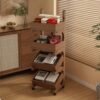 LFSBTI 4-Tier Solid Wood Rolling Cart, Modern Bookshelf for Home Office, Floor-Standing Storage Cart for Living Room, Kitchen, Large Capacity Utility Snack Cart