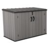 LIFETIME Horizontal Outdoor Storage Shed, Weather Resistant Resin Storage Can Fit Two Large Garbage Cans, Lockable Doors, Spring‑Hinge Lid, Low‑Maintenance Backyard Utility Shed