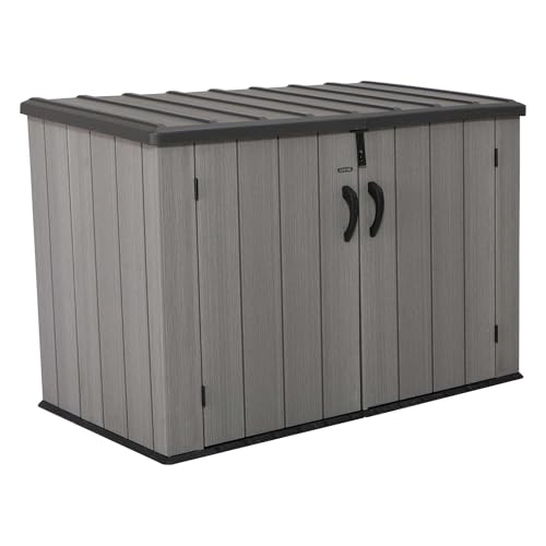 LIFETIME Horizontal Outdoor Storage Shed, Weather Resistant Resin Storage Can Fit Two Large Garbage Cans, Lockable Doors, Spring‑Hinge Lid, Low‑Maintenance Backyard Utility Shed