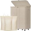 Lifewit 185L Plastic Laundry Basket with Lid, Large Clothes Hamper with Wheels and Removable Bag, Tall Collapsible Rolling Storage Bin for Dorm Bedroom Bathroom, 3 Sections, Beige
