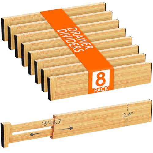 Lifewit 2.4" High 8 Pack Bamboo Drawer Dividers 33-42cm/13-16.5" Adjustable Wooden Drawer Organizer for Clothes/Utensils, Expandable Drawer Separator for Dresser/Kitchen/Bedroom/Office Organization