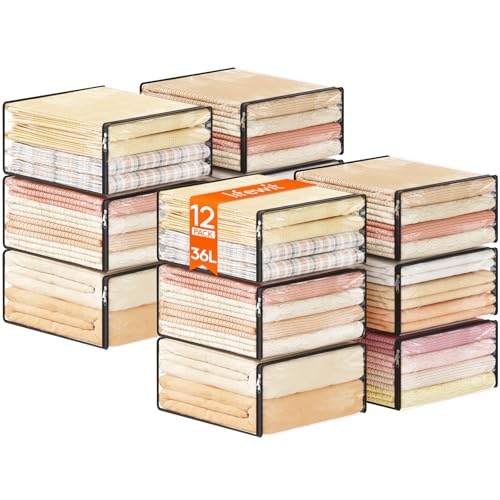 Lifewit 36L Clear Sheet Storage Bags with Zipper 12 Pack, Plastic Sweater Storage Bins for Clothing, Vinyl Foldable Clothes Containers Organizers for Closet, Blankets, Bedding 17.7 x 15.7 x 7.9 Inch