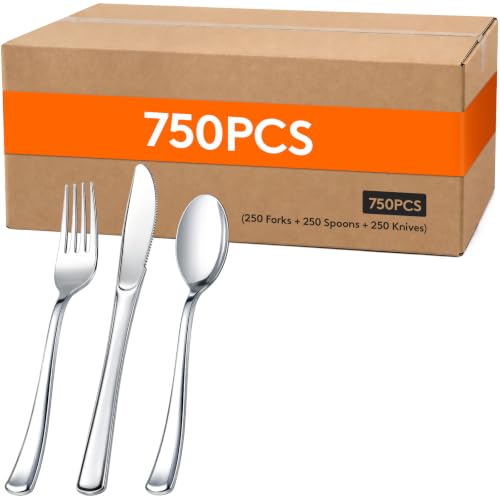 Lifewit 750PCS Silver Plastic Silverware, Heavy Duty flatware Set, Disposable Cutlery Dinnerware Set, 250 Forks, 250 Spoons, 250 Knives, Ideal for Party, Wedding, Birthday and Daily Use, BPA-Free