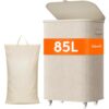Lifewit 85L Laundry Basket with Wheels and Lid, Tall Rolling Laundry Hamper with Removable Bag, Collapsible Dirty Clothes Hamper for Bedroom, Bathroom, Dorm, Laundry Room, Beige