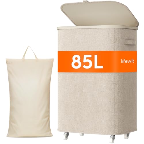 Lifewit 85L Laundry Basket with Wheels and Lid, Tall Rolling Laundry Hamper with Removable Bag, Collapsible Dirty Clothes Hamper for Bedroom, Bathroom, Dorm, Laundry Room, Beige