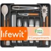 Lifewit Plastic Silverware Organizer, Expandable Kitchen Drawer Organizer for Cooking Utensils, Adjustable Spoon Fork Knife Cutlery Flatware Tray, 12.2"-18.9'' x 13.8", Black