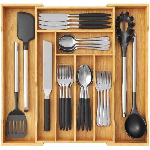Lifewit Silverware Drawer Organizer, Expandable Utensil Tray for Kitchen, Flatware and Cutlery Holder, Wood Adjustable Storage for Spoons Forks Knives, 10.2-18.1 x 16.7, Natural