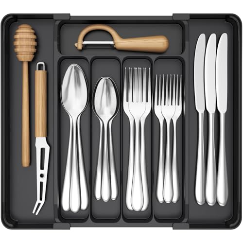 Lifewit Silverware Organizer for Drawer, Expandable Utensil Tray, BPA-Free Adjustable Cutlery Holder for Kitchen Storage, 8.1-13.9 x 11.3, Black