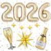 Light Gold 2026 Balloons, 40 Inch Number Champagne Gold Foil Balloons, Gold Star Balloon Champagne Bottle Glass Balloon for Happy New Years Eve Party Supplies 2026 Class of 2026 Graduation Decorations