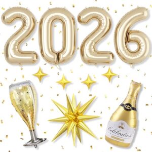 Light Gold 2026 Balloons, 40 Inch Number Champagne Gold Foil Balloons, Gold Star Balloon Champagne Bottle Glass Balloon for Happy New Years Eve Party Supplies 2026 Class of 2026 Graduation Decorations