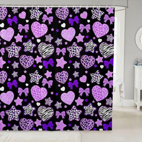 Light Purple Shower Curtains Leopard Print Bows Bathroom Curtains,Princess Love Heart Waterproof Bath Curtains with 12 Hooks Suit for Bathtub,Trendy Star Child Girls Room Decor, 72" W x 72" L