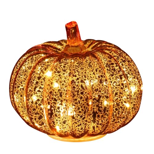 Light Up Pumpkin, Golden Mercury Glass, 6.5 x 5.5 in / 16.5 x 14 cm, with Timer, Battery Operated Twinkle Lights, Halloween Decorations for Parties, Thanksgiving, Fall Home Decor