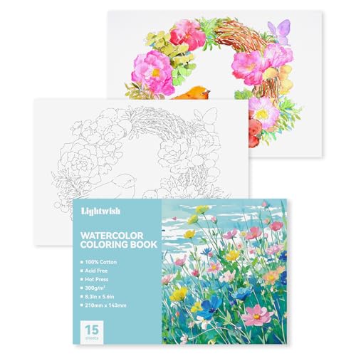 Lightwish Watercolor Coloring Book for Adults & Beginners, 100% Cotton 300gsm/140lb Acid-Free Hot Press Paper, 8.3 x 5.6 Inches, 15 Sheets, Floral-Themed