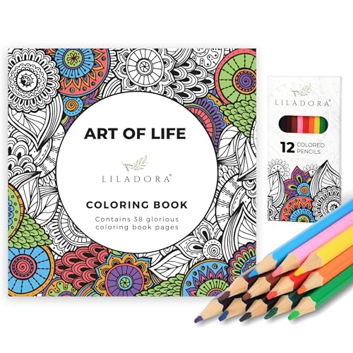 LILADORA Art of Life Adult Coloring Book with 12 Colored Pencils Set | 38 Pages | Complete Stress Relief Gift | Ready-to-Color Art Kit