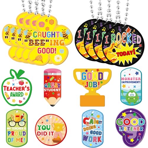Liliaafar 100 Pack Student Motivational Incentives Dog Tag with Necklaces Cardstock Recognition Award Education Reward Prizes Gifts Bulk for School Classroom Teacher Supplies, 10 Styles
