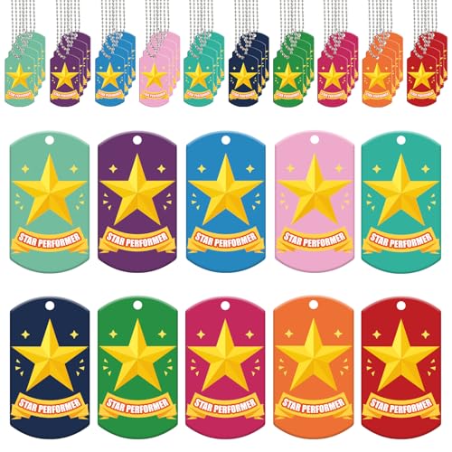 Liliaafar 60 Set Star Performer Awards Dog Tag Necklaces Bulk Acrylic Tags with Chains for Student of The Month Rewards, Classroom Incentives, Birthday Gifts, School Teacher Supply, 2'' x 1.1''