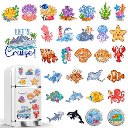 Liliaafar Diamond Painting Magnets Set Diamond Art Magnets for Fridge Refrigerator Magnetic Stickers for DIY Crafts 5D Gem Rhinestones Art Painting Kits for Adults Beginners(30 Pcs,Sea Animal)