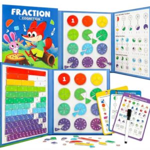 Lililogic Magnetic Fraction Book with 164 Pcs Tiles and Circles, Montessori Fraction Manipulatives Set, Includes 3 Double-Sided Math Activity Sheets and Marker, Educational Math Toys for Grades K-3