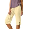 Linen Capri Pants for Women High Elastic Waist Drawstring Bermuda Shorts