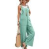 Linen Overalls for Women Adjustable Strap Sleeveless Wide Leg Loose Jumpsuit Casual Trendy Boho Jumpsuit with Pocket（Turquoise,Medium）