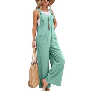 Linen Overalls for Women Adjustable Strap Sleeveless Wide Leg Loose Jumpsuit Casual Trendy Boho Jumpsuit with Pocket（Turquoise,Medium）