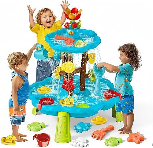 Linkowin Kids Flower Water Sand Table, 2 Tier Kids Outdoor Water Sand Play Table Toys, Splash Sensory Table for Summer Beach Activity Party for Boys Girls Age 3+ (Blue & Green)