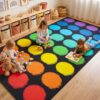 LINSIRON Classroom Rug with Colorful Circle for Kids – 6.56x12.8 Ft Non-Slip Rubber Play Mat, Seats 32, Multi-Color Carpet for Preschool, Daycare, Kindergarten & Playroom